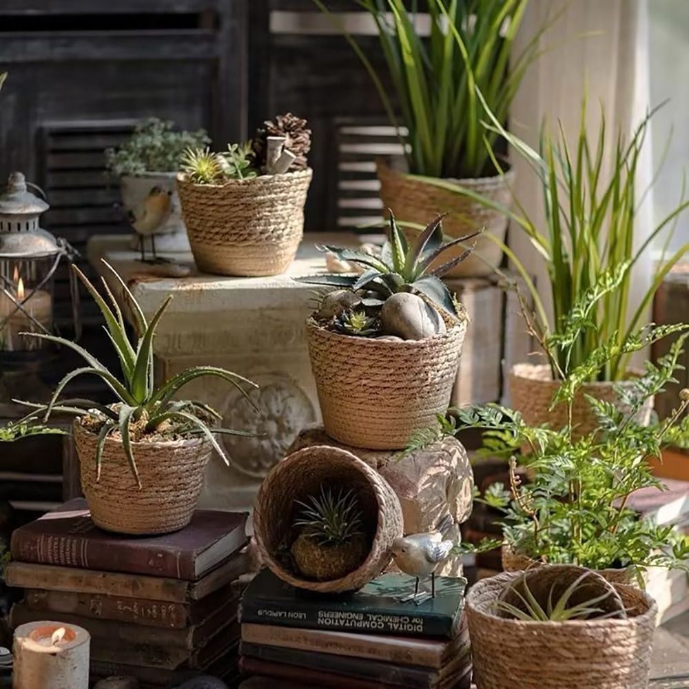 Durable Straw Rattan Garden Plant Decor Basket Pot