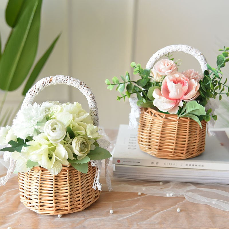 Round Rattan Basket Floral Bouquet Gift Decor Container