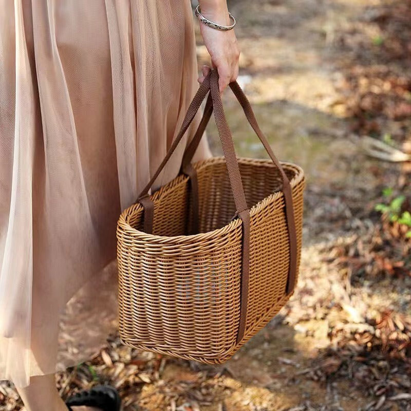 Handled Rattan Basket Kitchen Laundry Storage Organizer