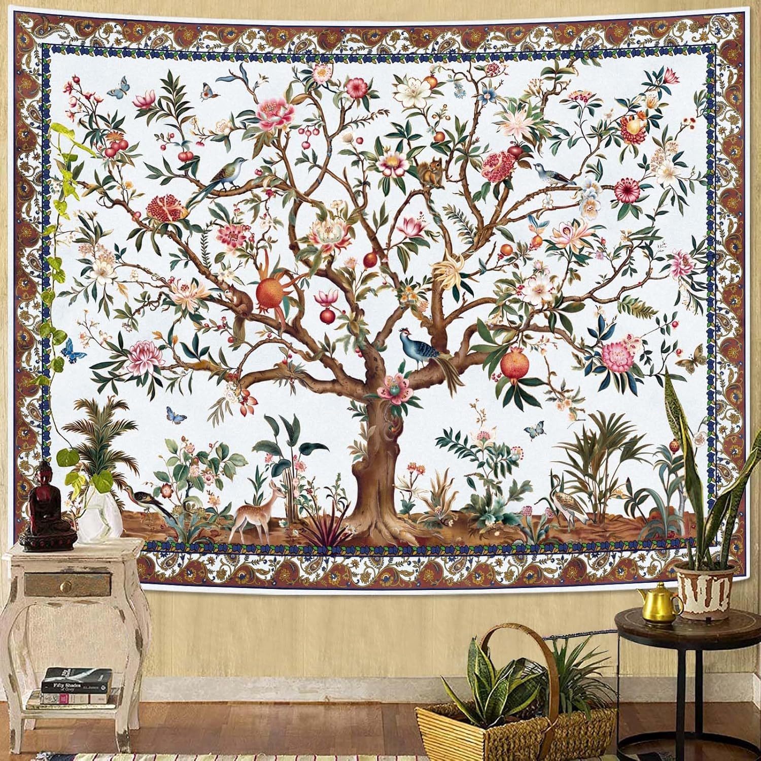 Vintage Indian Tree Bird Boho Wall Tapestry Decor