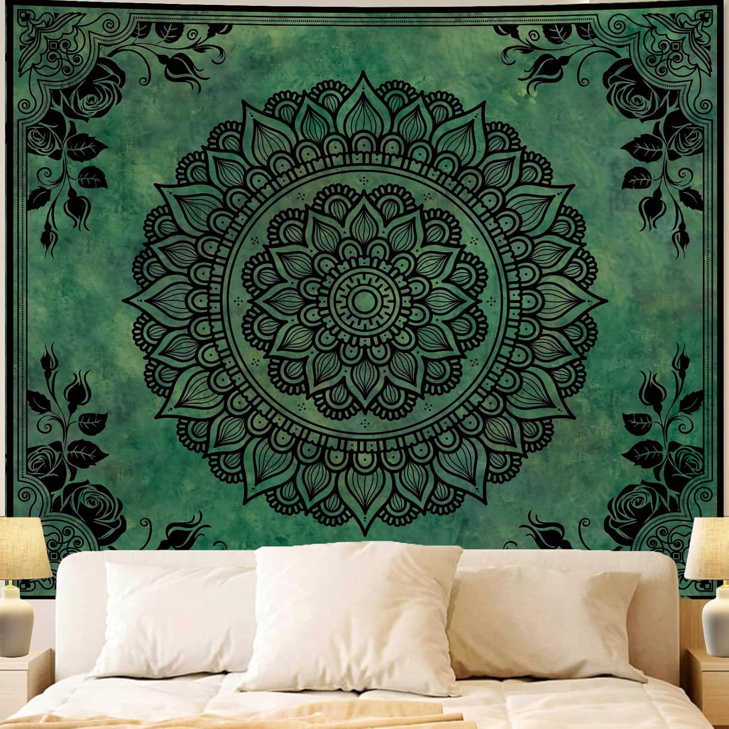 Boho Mandala Green Floral Wall Tapestry Bedroom Decor