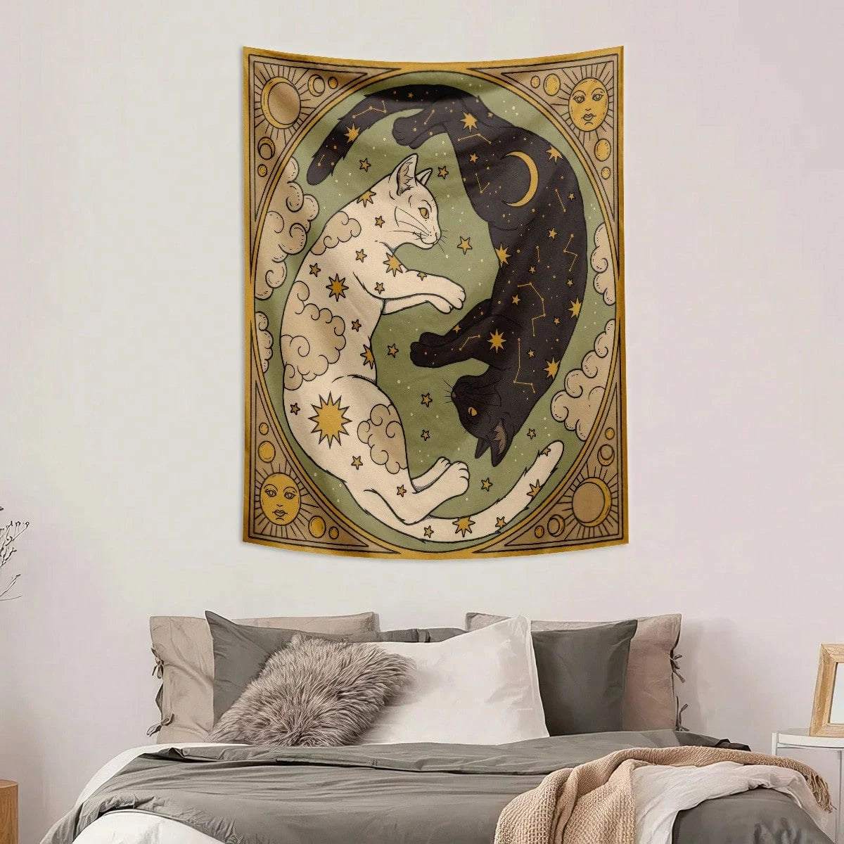 Boho Vintage Sun Moon Cat Wall Tapestry Dorm Decor