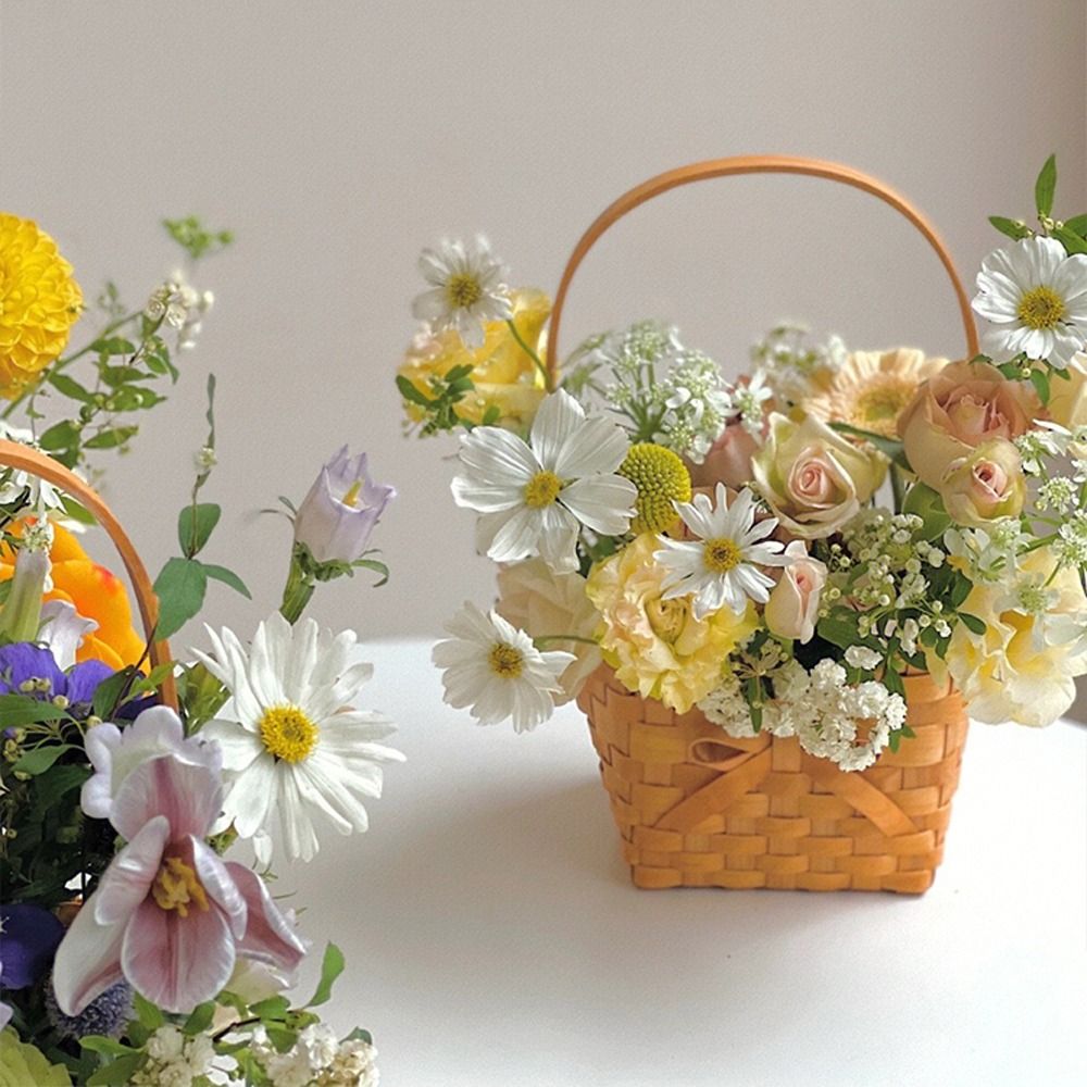 Handwoven Willow Rattan Bride Picnic Flower Basket With Bow
