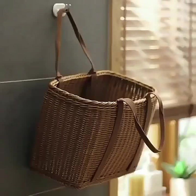 Handled Rattan Basket Kitchen Laundry Storage Organizer