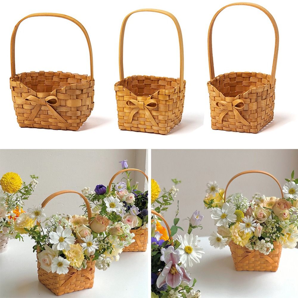 Handwoven Willow Rattan Bride Picnic Flower Basket With Bow