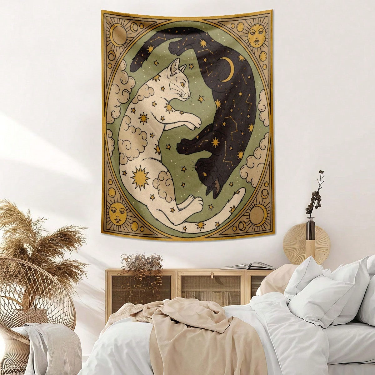 Boho Vintage Sun Moon Cat Wall Tapestry Dorm Decor