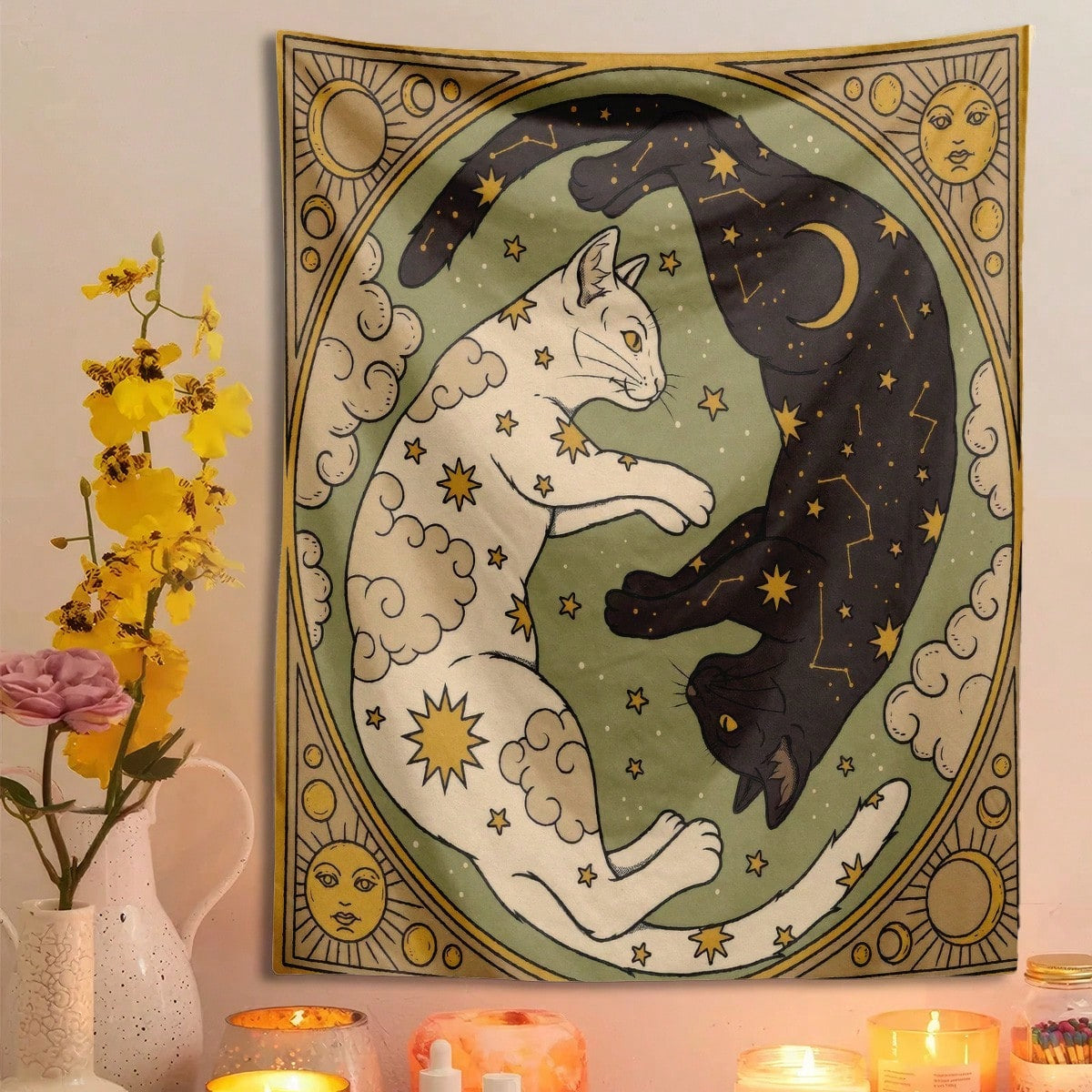 Boho Vintage Sun Moon Cat Wall Tapestry Dorm Decor