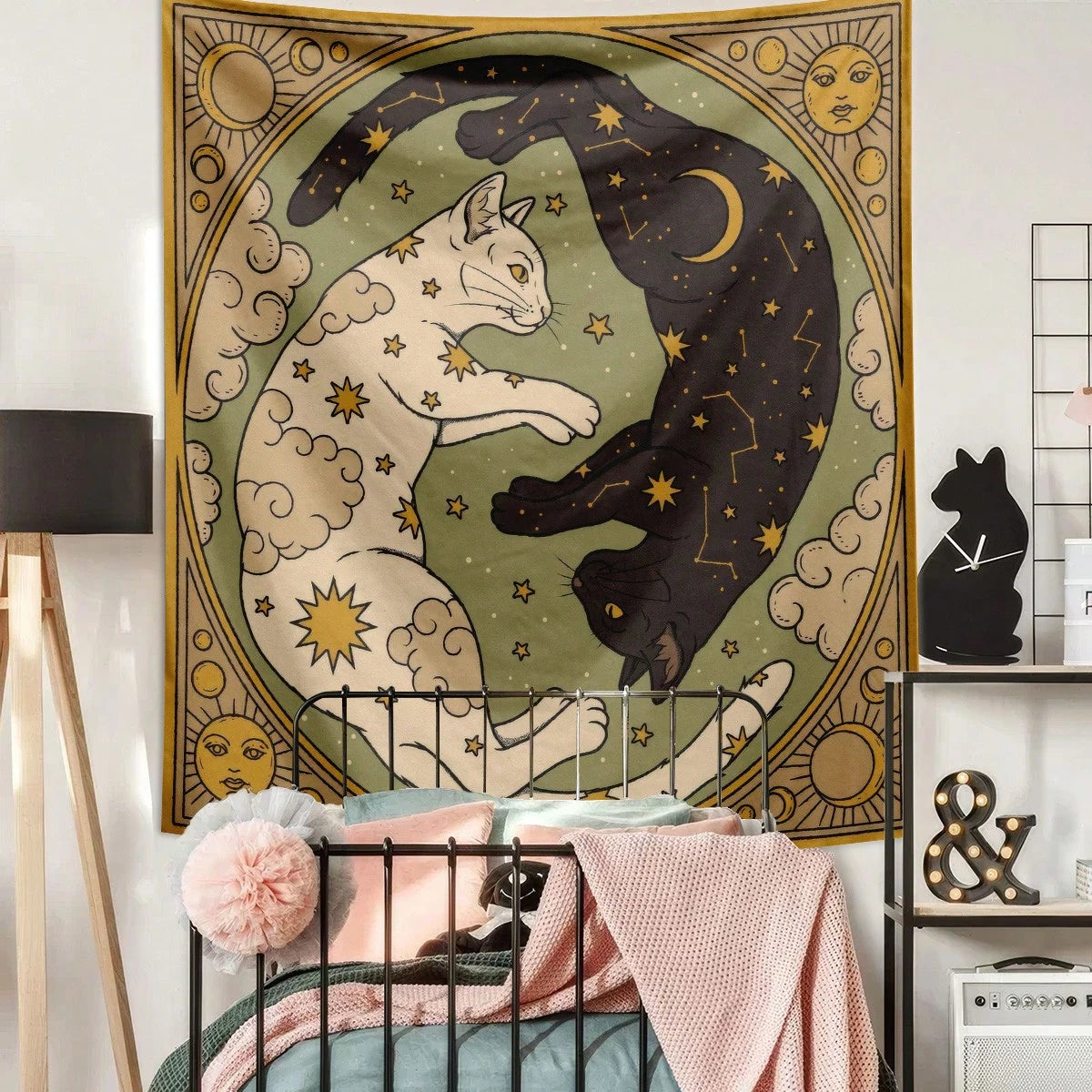 Boho Vintage Sun Moon Cat Wall Tapestry Dorm Decor