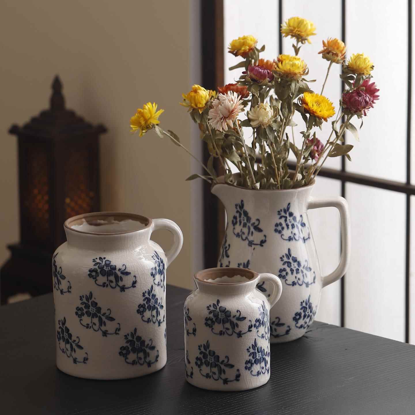 Ceramic Blue and White Wide Mouth Vase Design Decor